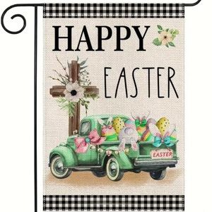 NIP Happy Easter Burlap Double Sided Garden Flag 
1pc, 12” x 18” Truck & Cross